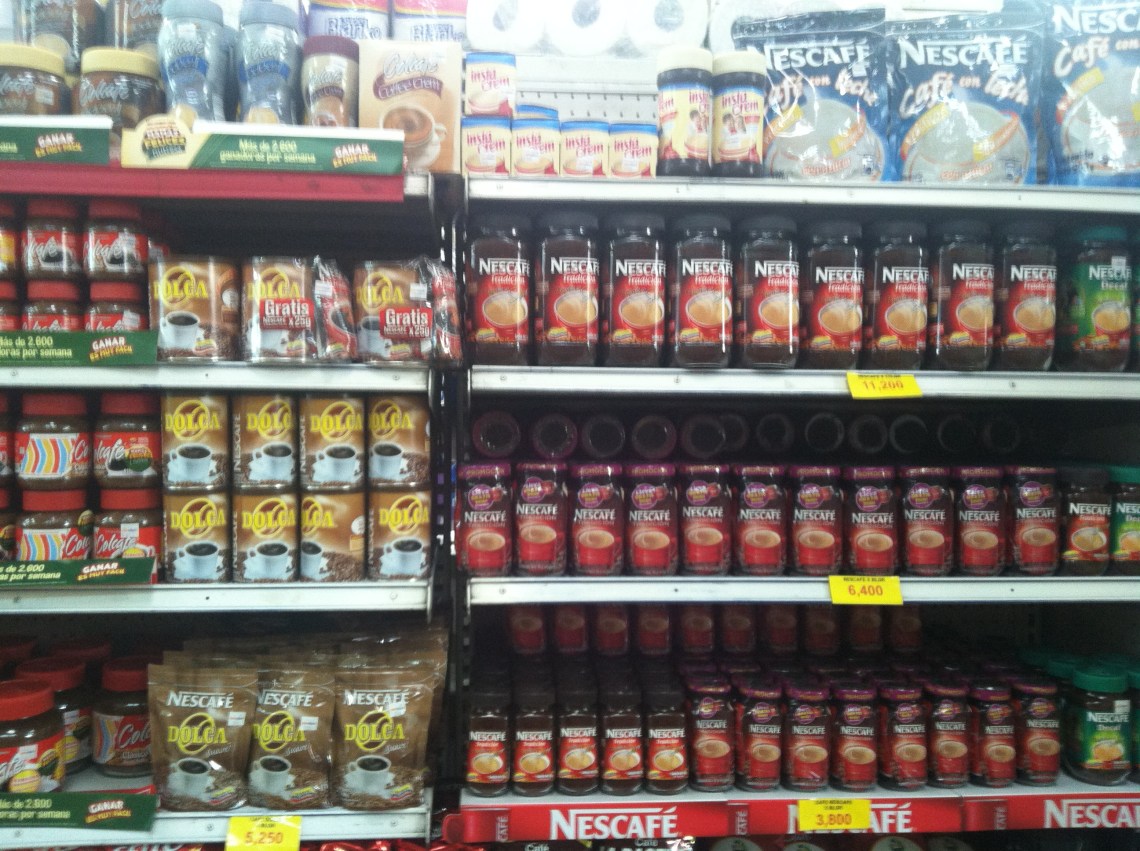 Just part of the instant coffee aisle in Chinchiná, Colombia