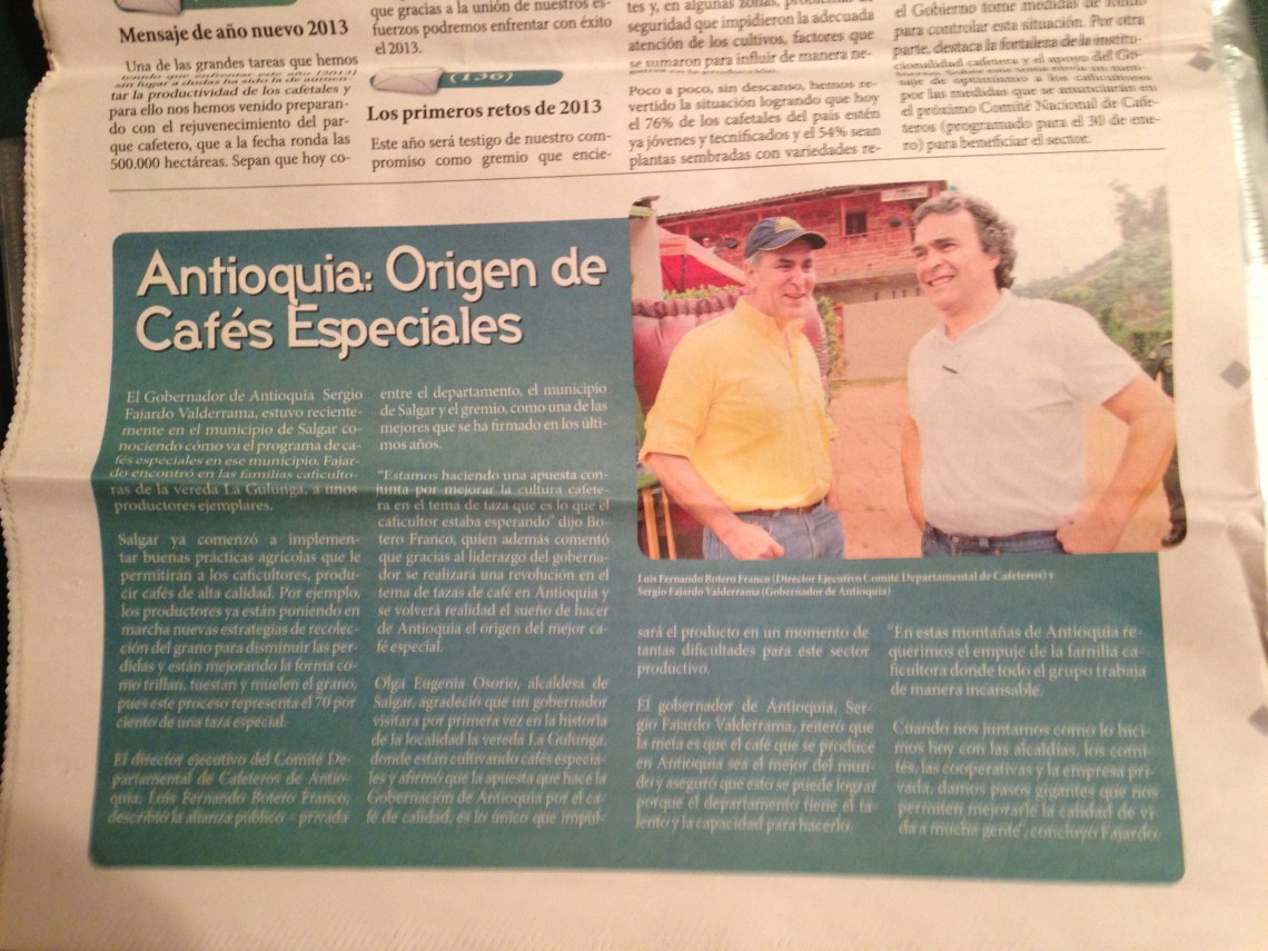 Fajardo, en una página de  "Cafe Paisa," el periodico del Comité de Cafeteros de Antioquia